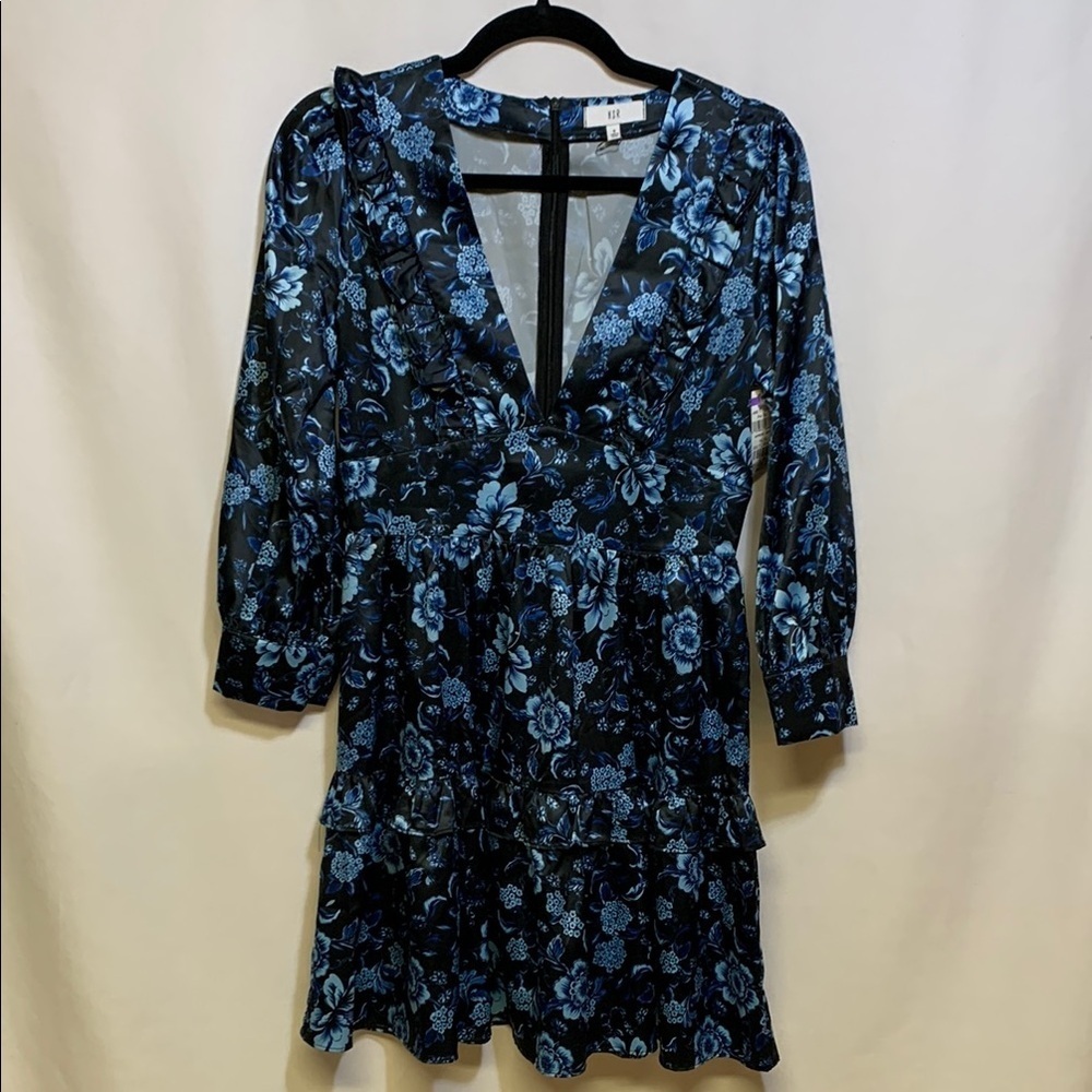 Blue Fit and Flare Dress with Plunge Neckline and Bishop Sleeves